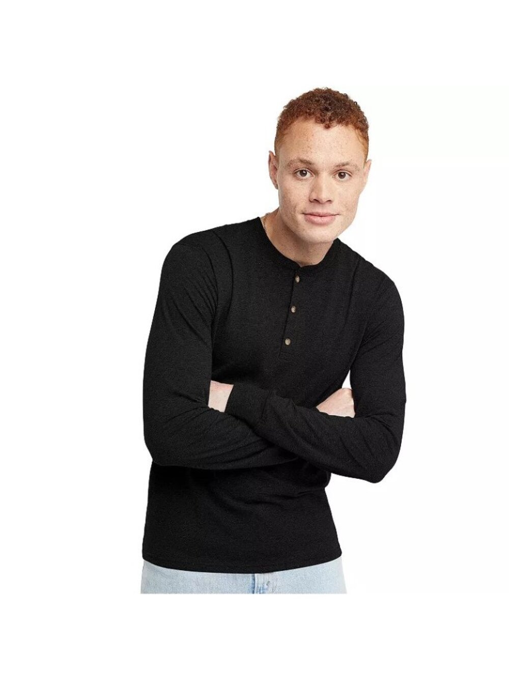 Hanes Henley T-Shirt Men's Size Large Black Long Sleeve Cotton Blend NWOT